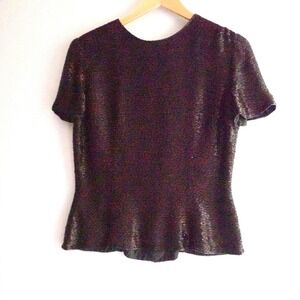VTG Oleg Cassini Beaded Silk Blouse Black Red Short Sleeve S 90s Cocktail Glam